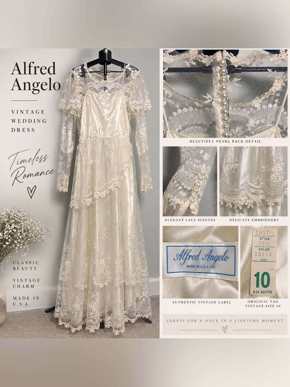 Vintage Alfred Angelo Ivory Lace Wedding Dress Pearl Bridal Gown Sz 10